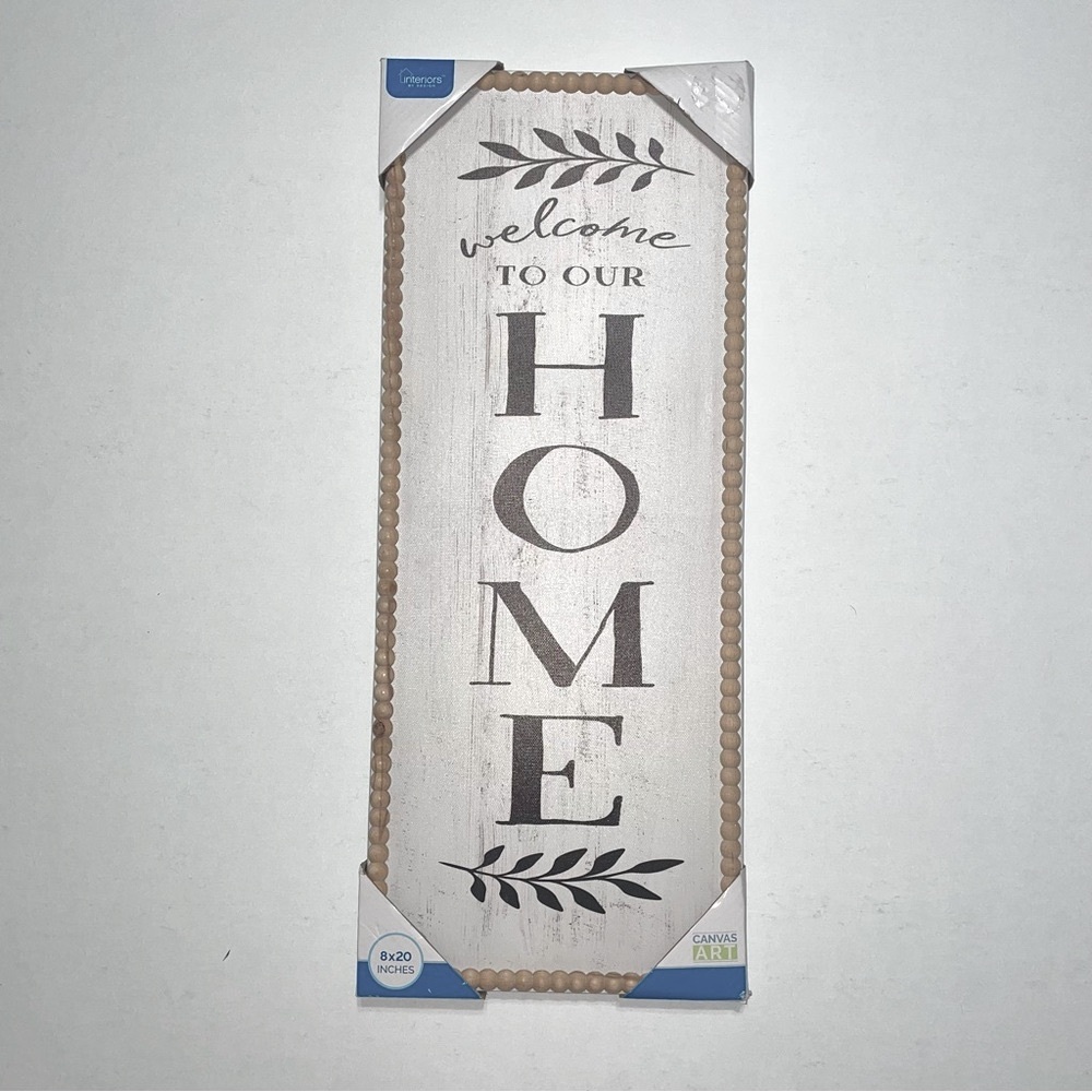 Interiors by Design Welcome to our Home Canvas Wall Art Wood Bead Border 8x20